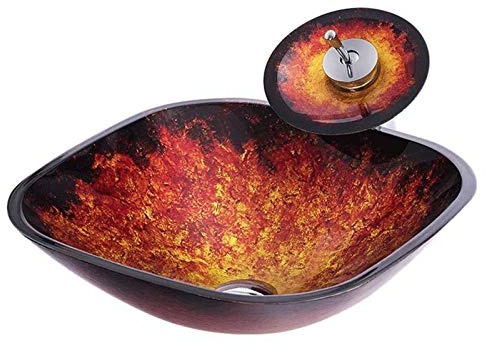 PAGOIAAR Bathroom Vessel Sink, Antique Vanity Bowl Basin Frost Flame Pattern Vessel Sink Tempered Glass Above Counter Square Shape Bathroom Washing Basin Combo(Red)
