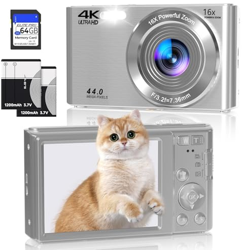 Digitalkamera 4K 44MP für Teenager & Einsteiger, Kompakte Vlogging Kameras mit 16X Zoom, Autofokus, Webcam Funktion & Blitz, Schulkamera Reisekamera Geschenk Set mit 64GB Karte