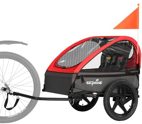 Sepnine Kids Bike Trailer, Suitable for 1 to 2 Kids, 12+ Months, Quick Attach to Bike, Foldable, with 5-Point Harness and Storage Bags Red