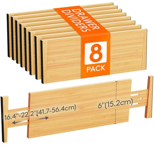 Lifewit Set med 8 lådavskiljare naturlig bambu, justerbar lådavskiljare för innerlängd 41,7–56,4 cm och höjd >15,2 cm, organisationssystem för kök, garderob, skrivbord