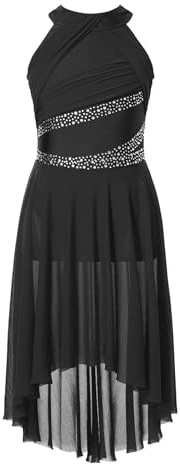 Miutii Robe de danse lyrique à paillettes pour enfant fille - Robe de patinage artistique avec jupe asymétrique - Danse contemporaine moderne Ballerine Latin Robe de danse, Noir , 134-140