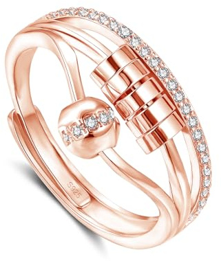 Glintara Anillos de ansiedad de plata para mujer, anillo giratorio de plata de ley 925, anillos de ansiedad de corazón infinito con cuentas de circonita, abierto ajustable, antiestrés, anillo unisex