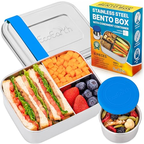 EcoEarth - Fiambrera de acero inoxidable - 800 ml, azul - Fiambreras a prueba de fugas para adultos con 3 compartimentos - Pequeños recipientes de hojalata con compartimentos para condimentos
