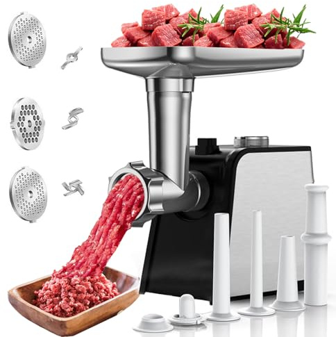 Tritacarne elettrico 3 in 1 con insaccatrice, tritacarne elettrico e insaccatrice con 3 tubi di insaccatura, 2 formatori di polpette, 2 lame in acciaio inossidabile e 3 piastre di triturazione