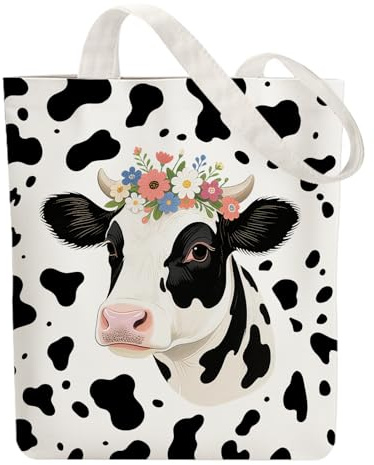 ANATTASOUL Tote Bag Femme,Sac en Toile Imprimé,Sac Fourre-Tout Reutilisable,Coton Vaches Et Fleurs Sacs de Courses,38 * 40cm Large Blanc Sac Tote Bag en Toile pour Shopping,Cadeaux