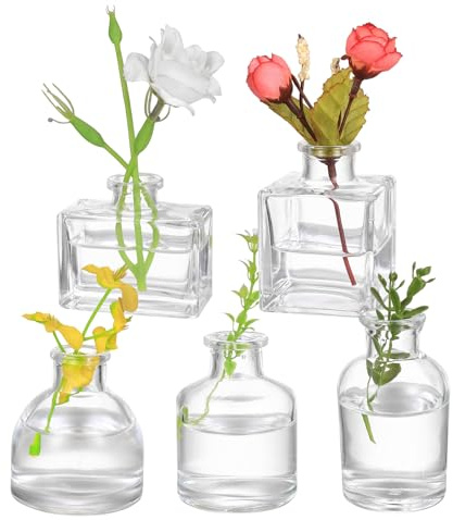 5 Pz Vasetti Vetro Piccoli per Fiori, Vaso Fiori Vetros, Vaso Vetro Trasparente, Set Vasi Decorativi per Centrotavola Matrimonio Centrotavola Moderno Design Casa Decorazioni