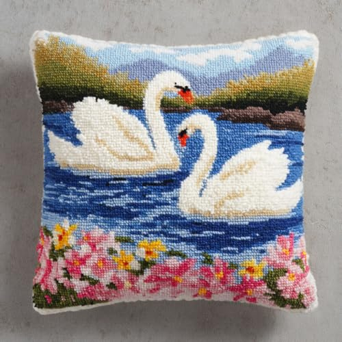 Taxpy Kit de gancho de pestillo para bricolaje, Cisne animal funda de cojín, kit de manualidades, juego de alfombras bordadas, funda de almohada de 43x43cm