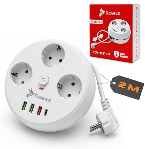 Reagle Runt Grenuttag 3 Uttag 230V med 4 USB, Upprullbar Förlängningssladd 2M, 3x USB-A 1x USB-C, Grenuttag med Strömbrytare, 2500W, Vit för Hem Kontor