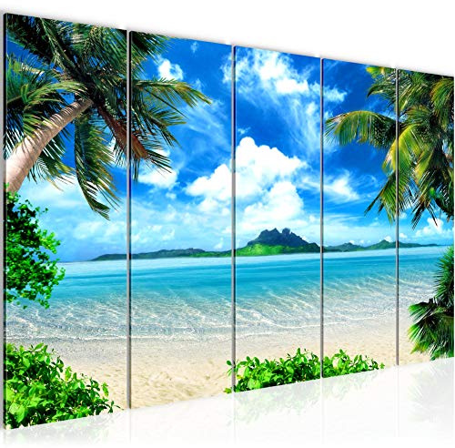 Runa Art Väggmålning XXL Strand Palmer 200 x 80 cm Blå Beige 5 Delar - Made in Germany - 603355a