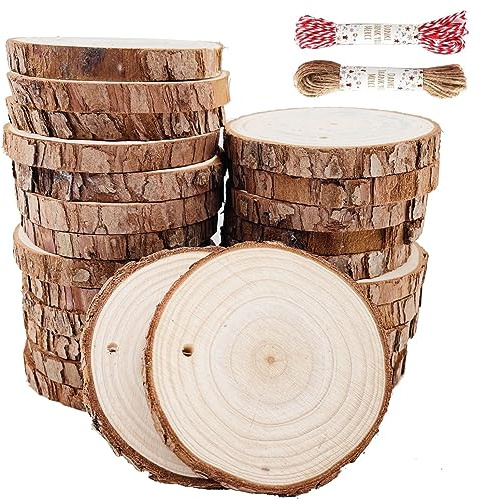 William Craft Rodajas de Madera Círculos 6-7 cm 30 pcs Discos de Madera Rebanada 10m Cuerda de Cáñamo Maderas Naturales Perforado Con Corteza de Árbol Para Manualidades