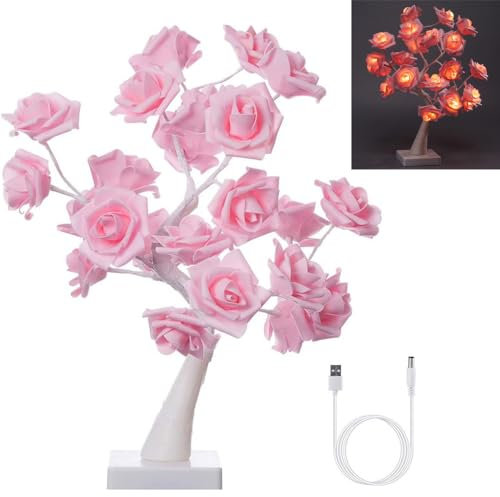 Bestevery Table Lamp, Desktop Rose Tree Lamp 24 LED Night Light Pink Lamp Battery Powered Rose Flower Tree Light Room Decor for Teen Girls
