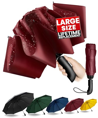 Chakipee Travel Inverted Umbrella Compact Windproof- Automatic reverse Umbrellas for Rain - Folding Portable 10 Ribs Large Umbrella Red