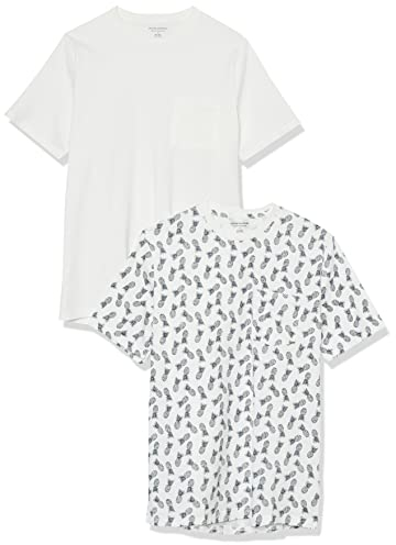 Amazon Essentials T-shirt coupe droite à encolure ronde et manches courtes, avec poche Homme, Lot de 2, Blanc/Imprimé Ananas, L