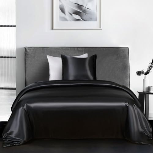 Housse de Couette Satin 140x200 Noir avec Taie d'oreiller 65x65 cm | Parure de Lit Adulte 1 Personne, Satin de Soie Brillante, Linge de Lit, Fermeture Éclair
