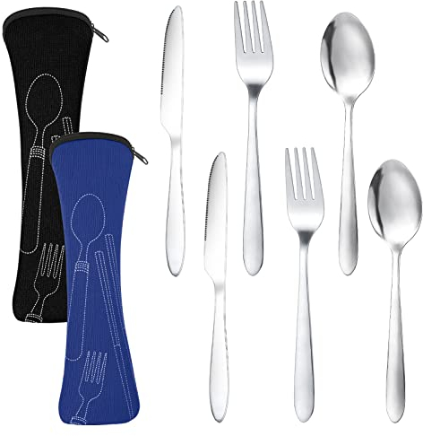 Dacitiery 2 Set Camping Cutlery, Stainless Steel Cutlery Set with Bag, 6 Piece Camping Set with Knife, Fork, Spoon,Portable Utensils for Outdoor Travel Picnic Office School Lunch Box