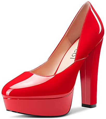 Aachcol Femmes Plate-Forme Bloc Chunky Haut High Talon Heel Escarpins Rond Bout Slip-on Dress Chaussures Party Mariage Vernis Rouge 13 CM 40 EU