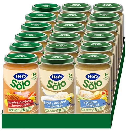 Hero Baby Caja Mixta Tarritos de Carne y Pescado, Verduritas con Merluza, Bechamel con Lenguado y Menestra con Ternera y Jamón, Sin Aceite de Palma, 100% Natural, Desde los 6 Meses, Pack de 18x235 gr
