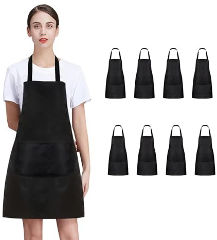Nymmoata 8/12/24 Pack Plain Bib Aprons Bulk, Black Commercial Apron with 2 Pockets, Unisex Apron for Adults Painting BBQ