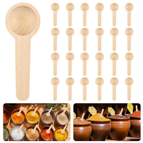 DECARETA 25 PCS Petite Cuillère Ronde en Bois pour Sel, Épices, Cuisine, Confiture et Sucre - Mini Cuillère à Épices