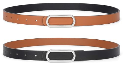 JASGOOD Skinny Reversible Belts for Women Thin Leather Belt for Dresses Jeans Pants with Gold Silver Buckle,1Pack,Black/Brown S