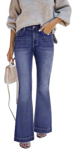 STARBILD Flared Fit Jeans High Rise Évasé avec Poche Cargo pour Femme, Stretch Jegging Bootleg Taille Haute Pantalon à Patte Éléphant, Poche à Rabat - Bleu XXL
