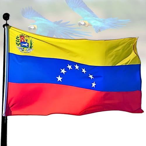 Bandera de Venezuela 7 estrellas 1954–2006 | Con Escudo Nacional (Caballo hacia la derecha) Bandera Venezuela 7 Estrellas | Versión grande150x90 cm Poliéster 100 Denier + 1 Pulsera Lema HASTA EL FINAL