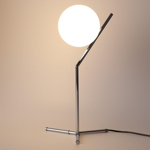 Alpinaluz Lampada da tavolo - Sfera in vetro opale Ø18 cm e base angolare in metallo cromato - Attacco E27 per camera da letto, soggiorno, sala da pranzo o comodino, stile elegante e minimalista