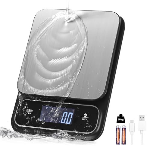 Cexovo Báscula de Cocina Digital Impermeable, Alta Precisión 0.1g-10kg, Plataforma Acero Inoxidable, Pantalla Retroiluminada, Carga USB Recargable