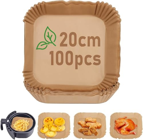 BURRSJ Carta da forno per friggitrice ad aria calda, 100 fogli (20-24 cm), non sbiancata, resistente agli spruzzi e all'olio, per friggitrici da 4,7-9 l, forno, microonde, tappetino da forno usa e