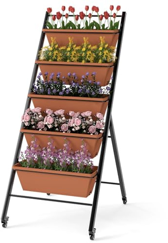 COSTWAY Vertikal upphöjd bädd 5 våningar, vertikal säng med rullar, blomsterrabatt med planteringslådor, blomlåda, blomtrappa, växttrappa, grönsaksbädd, växtbädd, trädgård, 57 x 74 x 132 cm