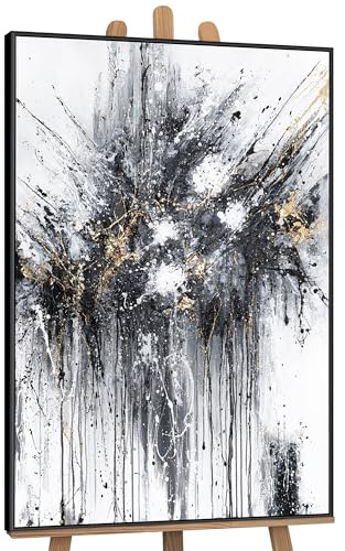 YS-Art Abstracto Negro-Blanco Pintura acrílica sobre Lienzo con Marco Danza de las Salpicaduras pintado a mano Cuadro de pared Sala de estar moderno Decoración del hogar 120x80 cm