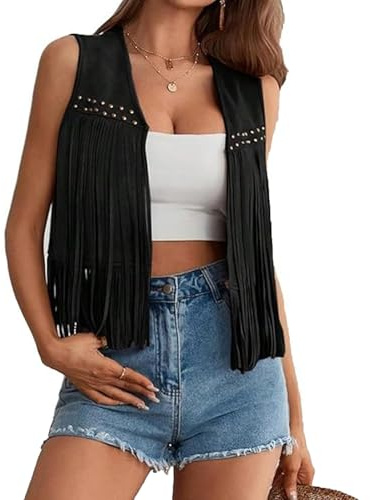 Qianderer Gilet da donna con frange anni '60 e '70 hippie gilet senza maniche cowgirl western finta pelle scamosciata nappa giacca boho gilet vintage hippie outwear
