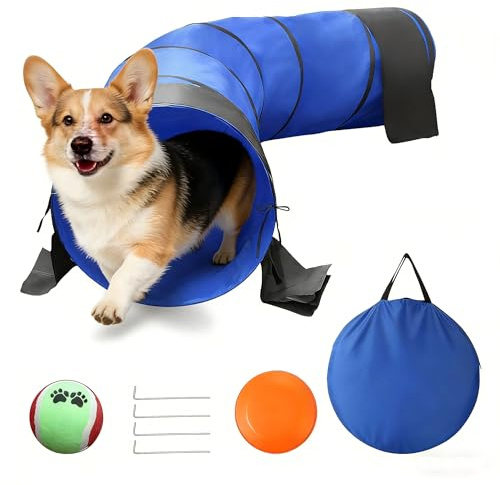 POPMOON Dog Agility Tunnel-10FT Foldable Pet Training Tunnel with 2 Sandbags, 4 Ground Stakes & Carry Bag, 25.6 Diameter for Dogs, Dog Agility Course Backyard Set for Indoor, Backyard, Outdoor Use