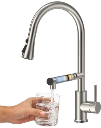 FEELSO Rubinetto da cucina estraibile, girevole a 360°, con filtro, rubinetto per lavello ad alta pressione con 2 tipi di getto, rubinetto in acciaio inox spazzolato