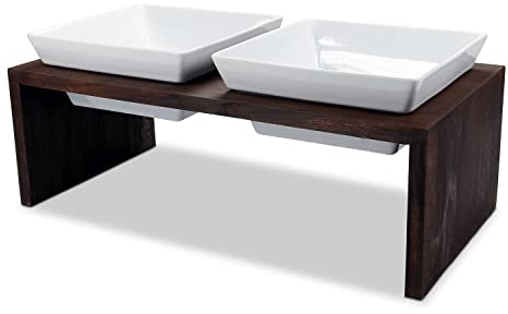 Replus | Futterstation Meshidai Doppelnapf in Walnuss | L 60 x B 30 x H 21 cm, 2 x 2,1 l