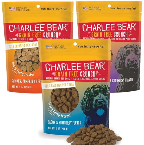 Charlee Bear Crunchy Dog Training Treats, Low Calorie (3 Kcal), Grain Free Natural Mini Dog Treats for Puppies, Small, Medium & Large Dogs, USA Made, Healthy 3 Flavor Variety Pack 8oz (3-Pack)