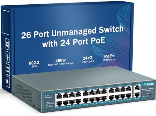 YuanLey 26 Port PoE Switch, 24 PoE+ Port 100Mbps, 2 Uplink Gigabit, 802.3af/at 400W, Nicht verwaltetes Plug-and-Play für die Rackmontage