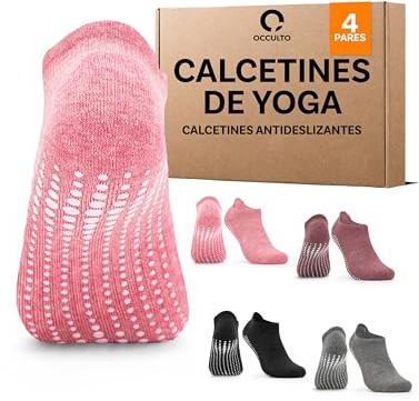 Occulto Damen & Herren Yoga Socken 2er Pack, 4er Pack (Modell: Mady) 4 Paare | Schwarz-Grau-Pink-Rot 35-38