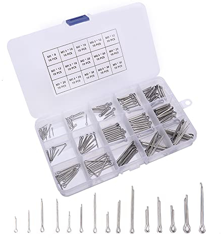 VooGenzek 150 Stücke Splinte Set, 15 Größen Edelstahl Splinte mit Kunststoffbox, für Automobil, Mechanik, Autowerkstatt, Werkstatt
