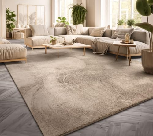 TT Home Teppich Wohnzimmer Kurzflor Anti-Rutsch Rückseite Einfarbiges Design Waschbar, Farbe: Beige, Größe:300x400 cm
