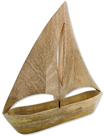 Holz Skulptur Segel-Boot 34 x 35cm braun Dekofigur Tisch-Deko Holzboot Schiff Figur