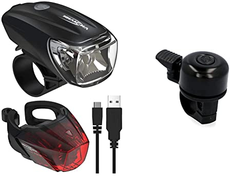 ANSMANN Fahrradlicht Set StVZO zugelassen mit CREE LED / 140 m Leuchtweite 35 Lux 170 Lumen IPX4 Akkubetrieben aufladbar & Fischer Mini Fahrradglocke, schwarz, One Size
