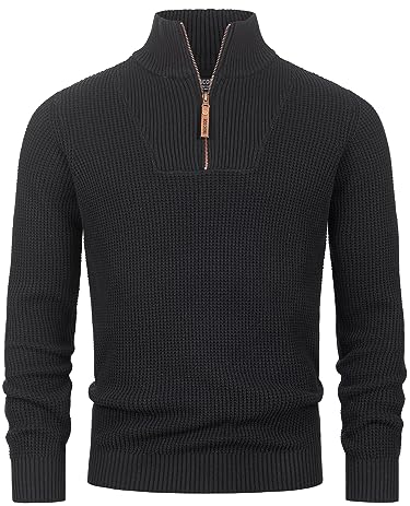 Indicode Herren INYassip Strickpullover mit Stehkragen | Pullover Herrenpulli mit Kragen und Reißverschluß Black, M