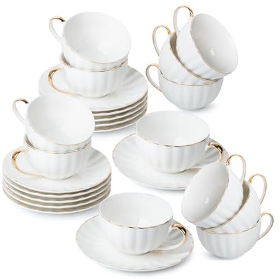 BTaT- Cappuccino Cups with Saucers 7 oz, Set of 12, White Porcelain Coffee Cup and Saucer Set for Latte with Golden Trim Design, Dishwasher Safe, Mocha, Tea, Au Lait, Flat White, Mothers Day Gift