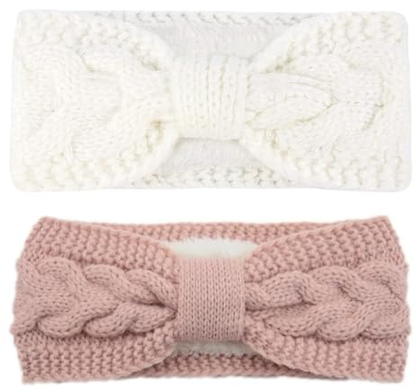 KOMUNJ Winter Stirnband Damen Stirnbänder Gestrickte Verdicken Haarband, Gestrickt Warmes Stirnbänder Ohrenwärmer Kopfband, für Frauen Mädchen (2 Stück, Weiß, Rosa)