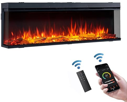 FLAMME 59’’/150cm Knighton Platinum Smart Inset Media Wall Electric Fireplace 1-2-3 sided View Compatible with Alexa Deep Fuel Bed Perfect for Media Wall