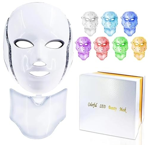 Maschera LED per il Viso, Collo, Décolleté, 7 Colori, Terapia della Luce, Trattamento Facciale per il Ringiovanimento e Cura della Pelle