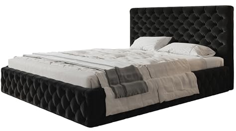 AlpiMeble Bett 180x200 - Polsterbett mit Bettkasten und Holzrahmen - Elegant Betten - Weicher Jasminstoff - Kollektion Miami, Schwarz