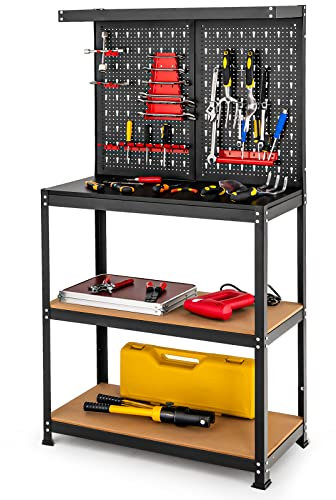 GYMAX Banco de Trabajo, Capacidad Carga 100 kg, Mesa de Trabajo con Pared Perforada, 2 Estantes Abiertos y 13 Accesorios para Colgar, Negro