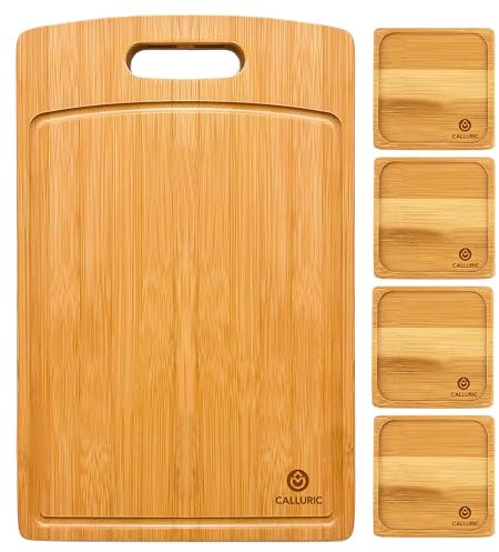 Set Tabla de Cortar de Bambú con 4 Posavasos – Reversible, Antibacteriana y con Canal Recolector | Ideal como Utensilios de Cocina, para Servir Comida o para Sorprender en Celebraciones – CALLURIC